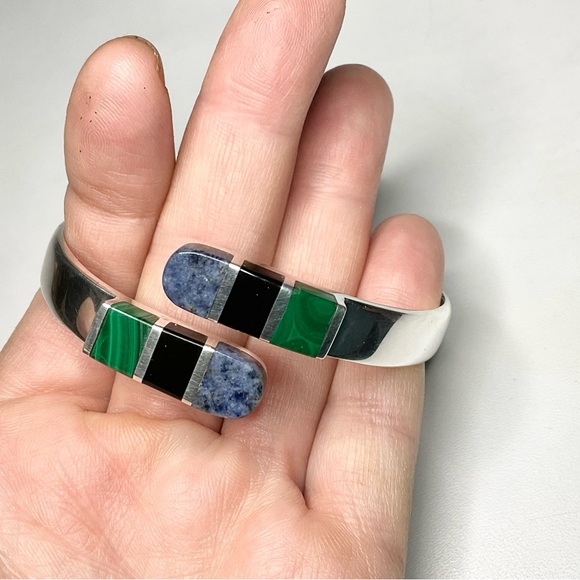 Heavy Sterling Silver Clamper Cuff Mexican Stone Tops - Picture 2 of 7